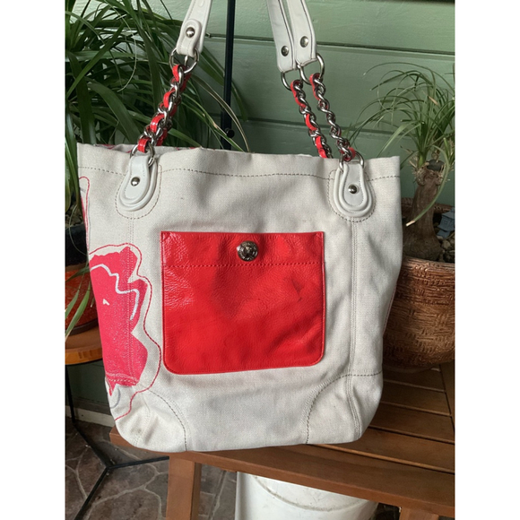 Coach Poppy Flower Whipstitch Light Khaki Duffel Bucket Large Tote LMTED ED - Picture 4 of 11